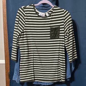 Denim&Co Green and White Striped Long Sleeve Tee